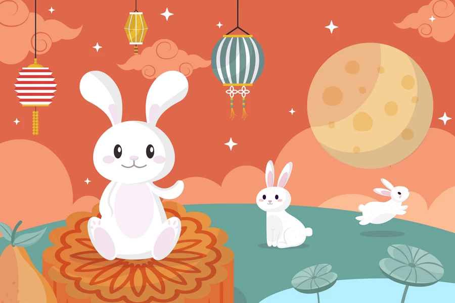 八月十五中秋节玉兔嫦娥月饼节气节日插画海报模板AI矢量设计素材【010】